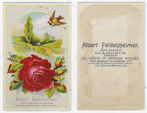 VICTORIAN TRADE CARD FOR ALBERT FELDENHEIMER DIAMONDS WITH ROSE, BIRD AND LANDSCAPE