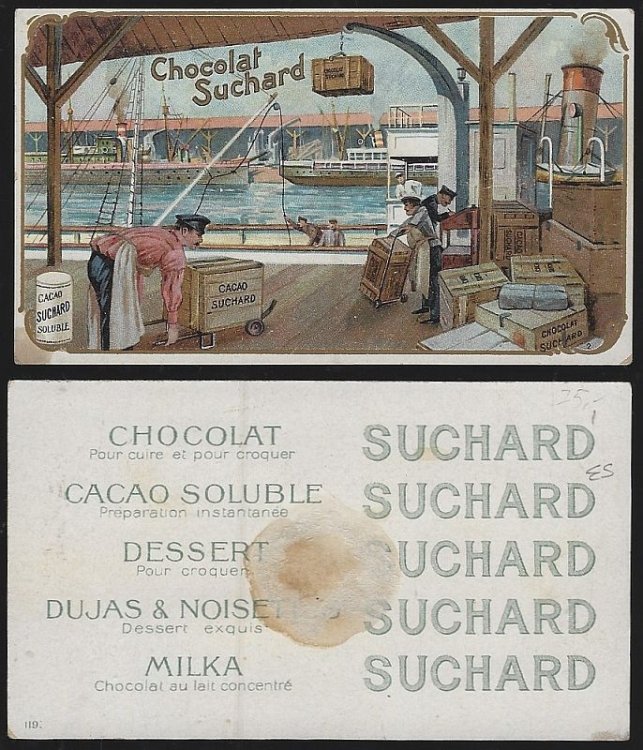 VICTORIAN TRADE CARD FOR CHOCOLAT SUCHARD WITH LOADING SHIPS DOCK