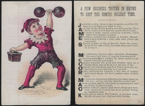 VICTORIAN TRADE CARD FOR JAMES MCCORMACK SHOES WITH STRONG BOY