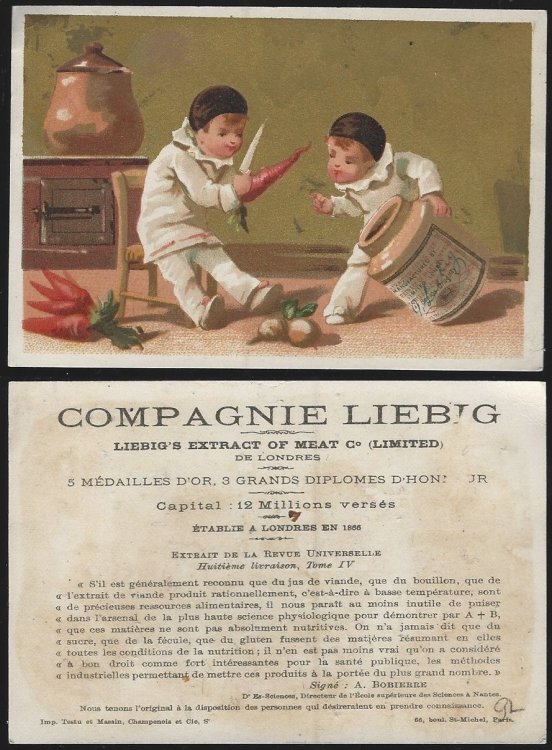 VICTORIAN TRADE CARD FOR LIEBIG COMPANY'S FLEISCH-EXTRACT WITH TWO CHEFS PEELING CARROTS