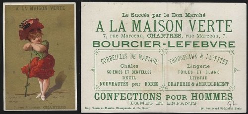 VICTORIAN TRADE CARD FOR A LA MAISON VERTE, CHARTRES, FRANCE WITH LOVELY GIRL