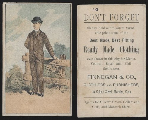 VICTORIAN TRADE CARD FOR FINNEGAN CLOTHIERS WITH HANDSOME MAN