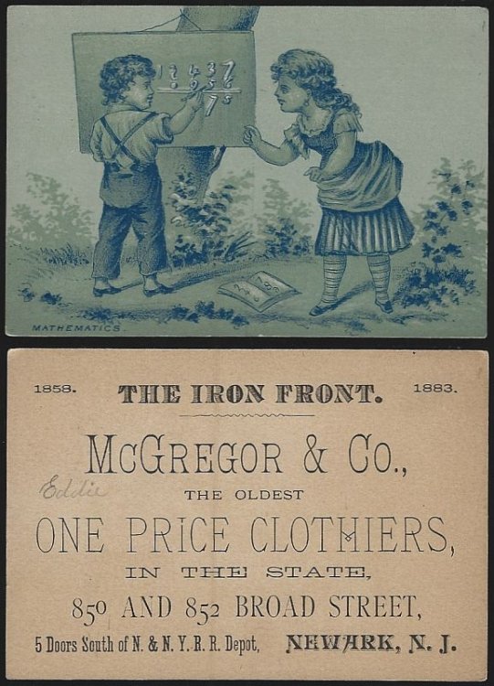 VICTORIAN TRADE CARD FOR MCGREGOR CLOTHIERS, NEWARK, NEW JERSEY WITH BOY AND GIRL DOING MATHEMATICS