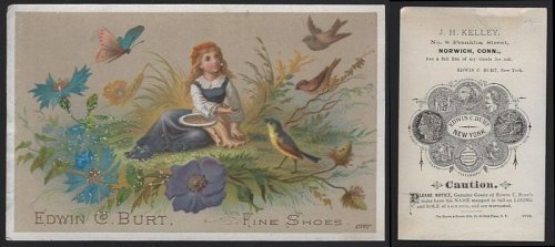 VICTORIAN TRADE CARD FOR EDWIN C. BURT FINE SHOES WITH GIRL FEEDING BIRDS