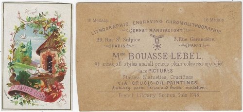 VICTORIAN TRADE CARD FOR MON BOUASSE LEBEL PICTURES WITH BIRD HOUSE AND BIRDS