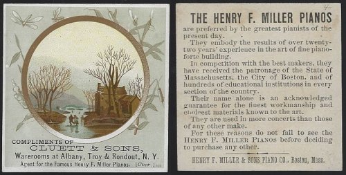 VICTORIAN TRADE CARD FOR CLUETT AND SONS, PIANOS WITH WINTER LANDCAPE