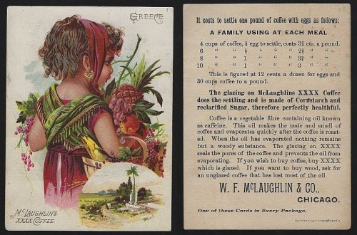 VICTORIAN TRADE CARD FOR MCLAUGHLIN'S COFFEE WITH LOVELY GIRL FROM GREECE