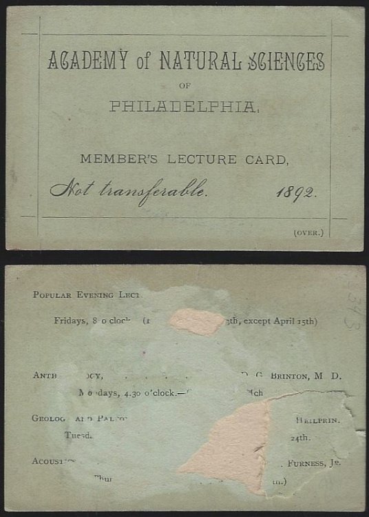 ACADEMY OF NATURAL SCIENCES OF PHILADELPHIA, MEMBERS LECTURE CARD