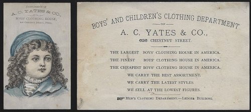 VICTORIAN TRADE CARD FOR A. C. YATES BOYS' CLOTHING HOUSE WITH BEAUTIFUL YOUNG BOY
