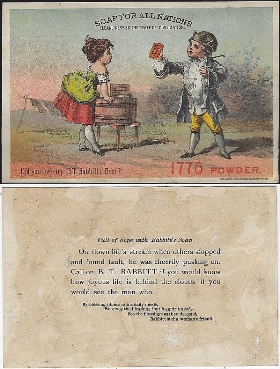 VICTORIAN TRADE CARD FOR B. T. BABBITT'S SOAP WITH WASHER WOMAN AND REVOLUTIONARY MAN