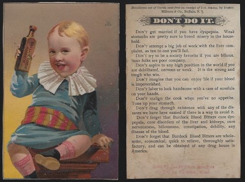 VICTORIAN TRADE CARD FOR BURDOCK BLOOD BITTERS WITH LITTLE BOY HOLDING BOTTLE