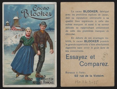VICTORIAN TRADE CARD FOR CACAO BLOOKER WITH DUTCH COUPLE ICE SKATING