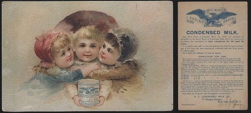VICTORIAN TRADE CARD FOR GAIL BORDEN EAGLE BRAND CONDENSED MILK WITH CHILDREN HUGGING