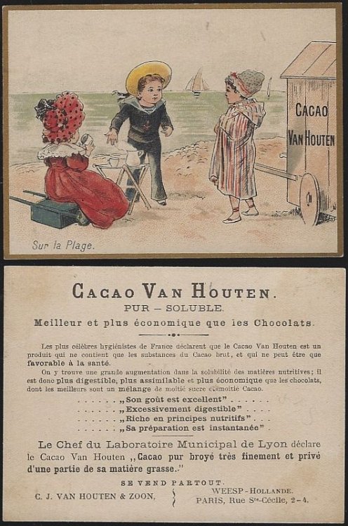 VICTORIAN TRADE CARD FOR CACAO VAN HOUTEN WITH BOY AND GIRLS AT BEACH
