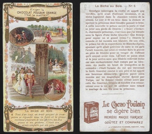 VICTORIAN TRADE CARD FOR CHOCOLAT POULAIN ORANGE WITH LA BICHE AU BOIS NO. 6