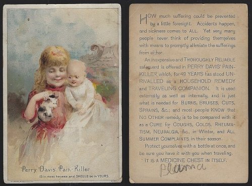 VICTORIAN TRADE CARD FOR PERRY DAVIS' PAIN KILLER WITH CHILDREN AND KITTEN
