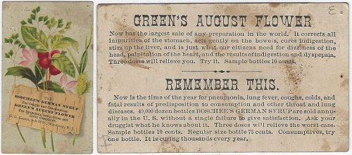 GREEN'S AUGUST FLOWER BOSCHEE'S GERMAN SYRUP VICTORIAN TRADE CARD WITH FLOWERS