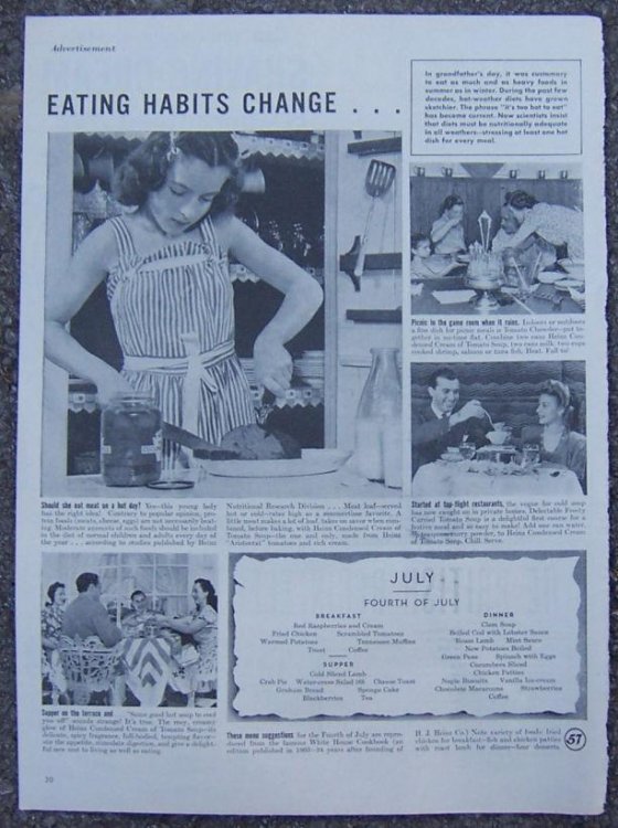 1945 HEINZ SUMMER MENU LIFE MAGAZINE ADVERTISEMENT