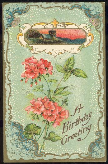 BIRTHDAY GREETING POSTCARD WITH PINK FLOWERS AND GOLD