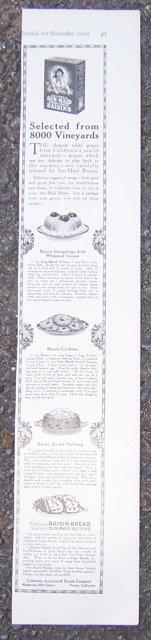 1916 LADIES HOME JOURNAL ADVERTISEMENT FOR SUN MAID RAISINS WITH RECIPES