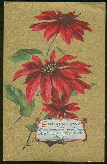 GOLD POSTCARD OF POINSETTIAS OFFERING GOOD WISHES