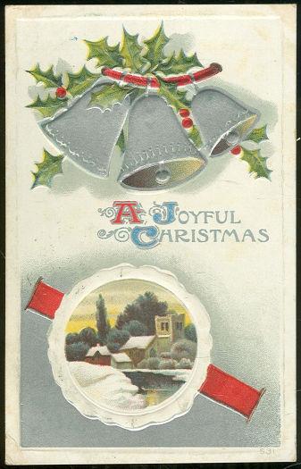 JOYFUL CHRISTMAS POSTCARD WITH SILVER BELLS