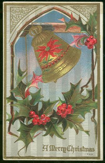 MERRY CHRISTMAS POSTCARD WITH HOLLY AND BELL