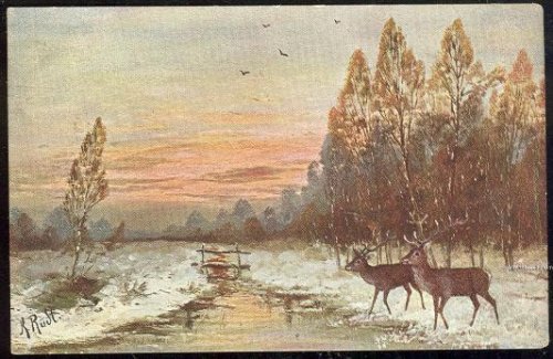 K. RUDT SIGNED POSTCARD OF DEER IN SNOWY LANDSCAPE