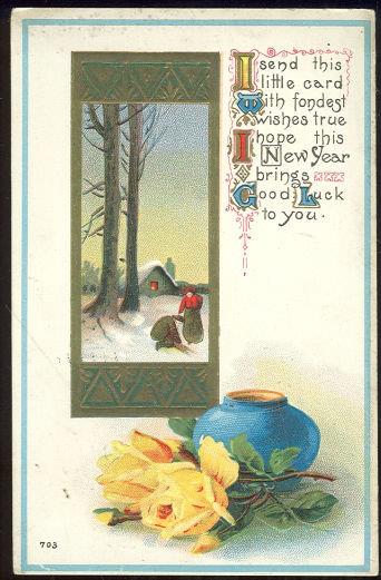 NEW YEAR GOOD LUCK POSTCARD WITH SNOWY SCENE
