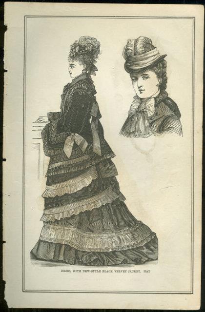 DRESS WITH NEW STYLE BLACK VELVET JACKET AND HAT PAGE FROM 1876 PETERSON'S MAGAZINE