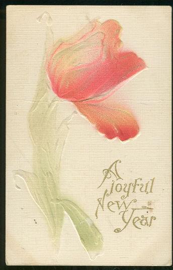 JOYFUL NEW YEAR POSTCARD WITH EMBOSSED RED TULIP