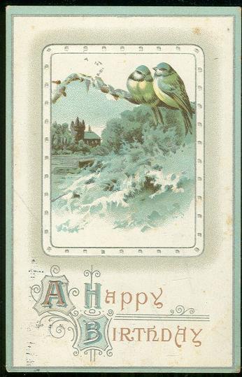 VICTORIAN HAPPY BIRTHDAY POSTCARD BLUEBIRDS AND SNOW