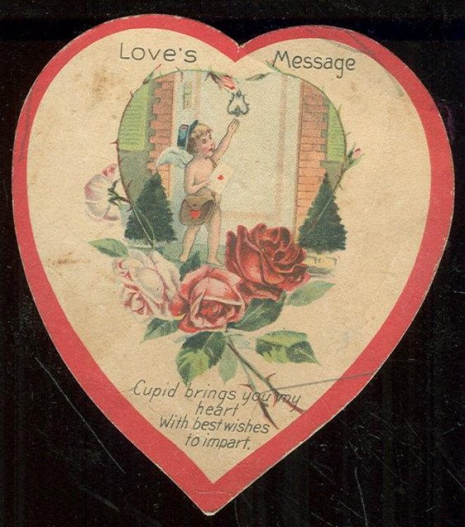 VINTAGE HEART SHAPED VALENTINE WITH CUPID BRINGING LOVE'S MESSAGE