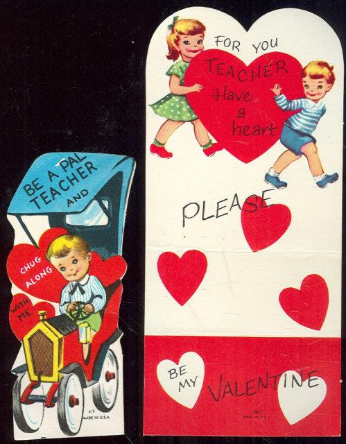 SET OF TWO VINTAGE BOY AND GIRL TEACHER VALENTINE CARDS