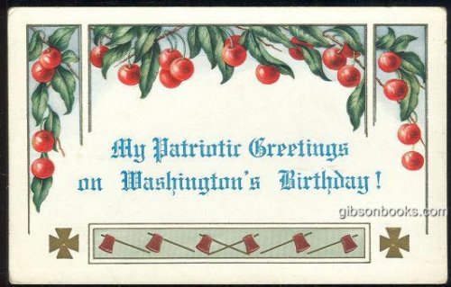 WASHINGTON'S BIRTHDAY PATRIOTIC POSTCARD WITH CHERRIES