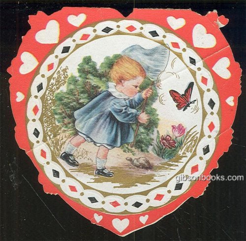 WHITNEY MADE VINTAGE HEART SHAPED VALENTINE CARD WITH BABY CHASING A BUTTERFLY