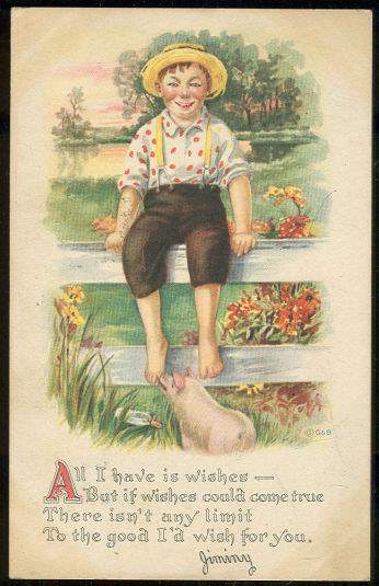 COUNTRY BOY SITTING ON FENCE WITH PIG