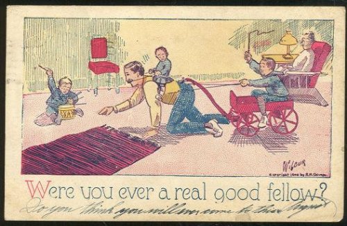 UNDIVIDED POSTCARD FATHER PLAYING WITH SONS ON FLOOR