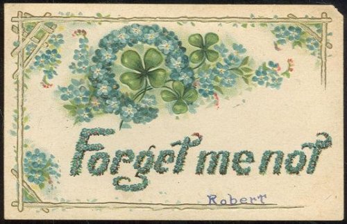 FORGET ME NOT POSTCARD WITH FOUR LEAF CLOVERS