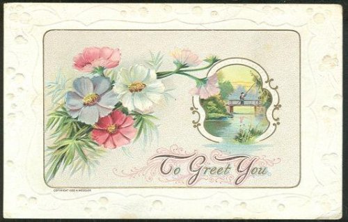 FLOWERS AND A BOY FISHING ON A BRIDGE, TO GREET YOU