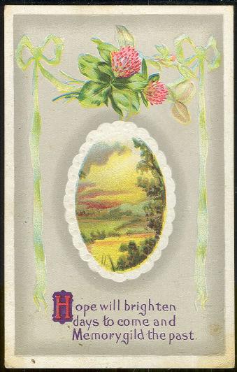 GREETINGS POSTCARD WITH PASTORAL SCENE AND CLOVER