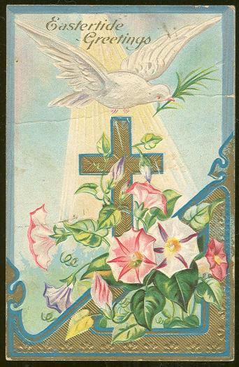 EASTERTIDE GREETINGS POSTCARD WITH DOVE AND GOLD CROSS