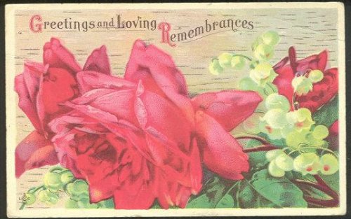 GREETINGS AND LOVING POSTCARD WITH RED ROSE