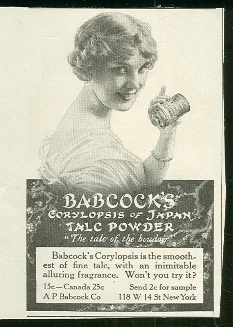1916 LADIES HOME JOURNAL BABCOCK'S CORYLOPSIS OF JAPAN TALC POWDER ADVERTISEMENT