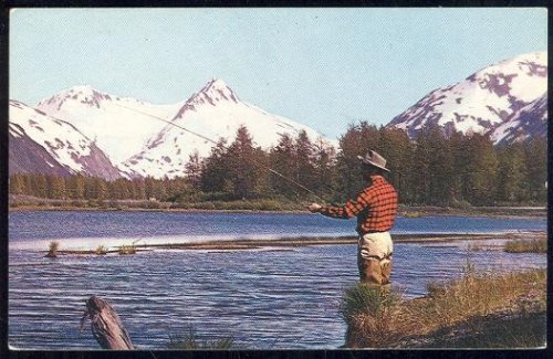 MAN FISHING IN ALASKA FISHERMAN'S PARADISE