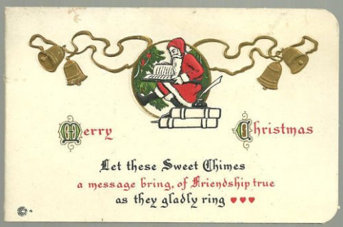 VINTAGE MERRY CHRISTMAS CARD WITH SANTA CLAUS AND GOLD BELLS