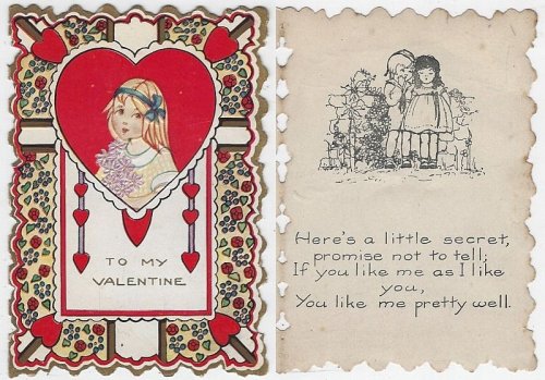 VINTAGE VALENTINE CARD WITH LITTLE GIRL HOLDING FLOWERS