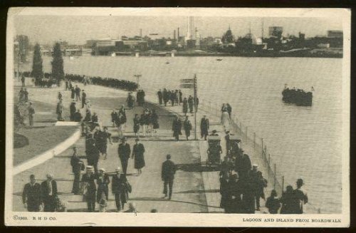 LAGOON AND ISLAND FROM BOARDWALK, A CENTURY OF PROGRESS, INTERNATIONAL EXPOSITION 1933, CHICAGO, ILLINOIS