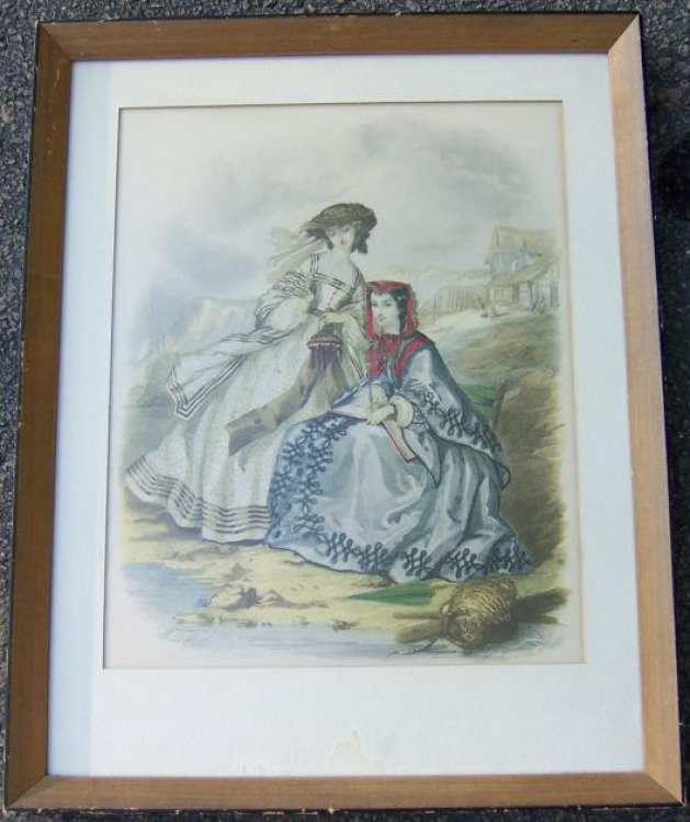 FRAMED COLORED FASHION PRINT OF TWO VICTORIAN LADIES