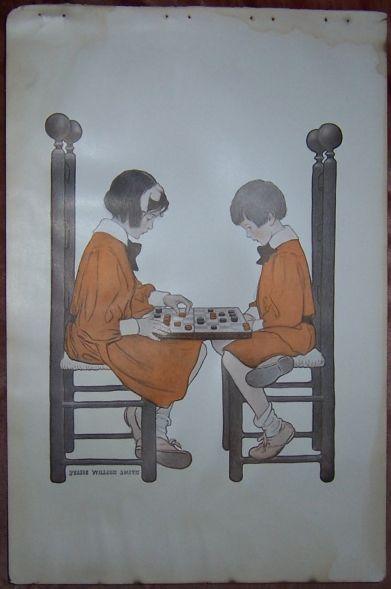 UNFRAMED JESSIE WILLCOX SMITH PRINT OF LITTLE GIRL AND LITTLE BOY PLAYING A GAME OF CHECKERS